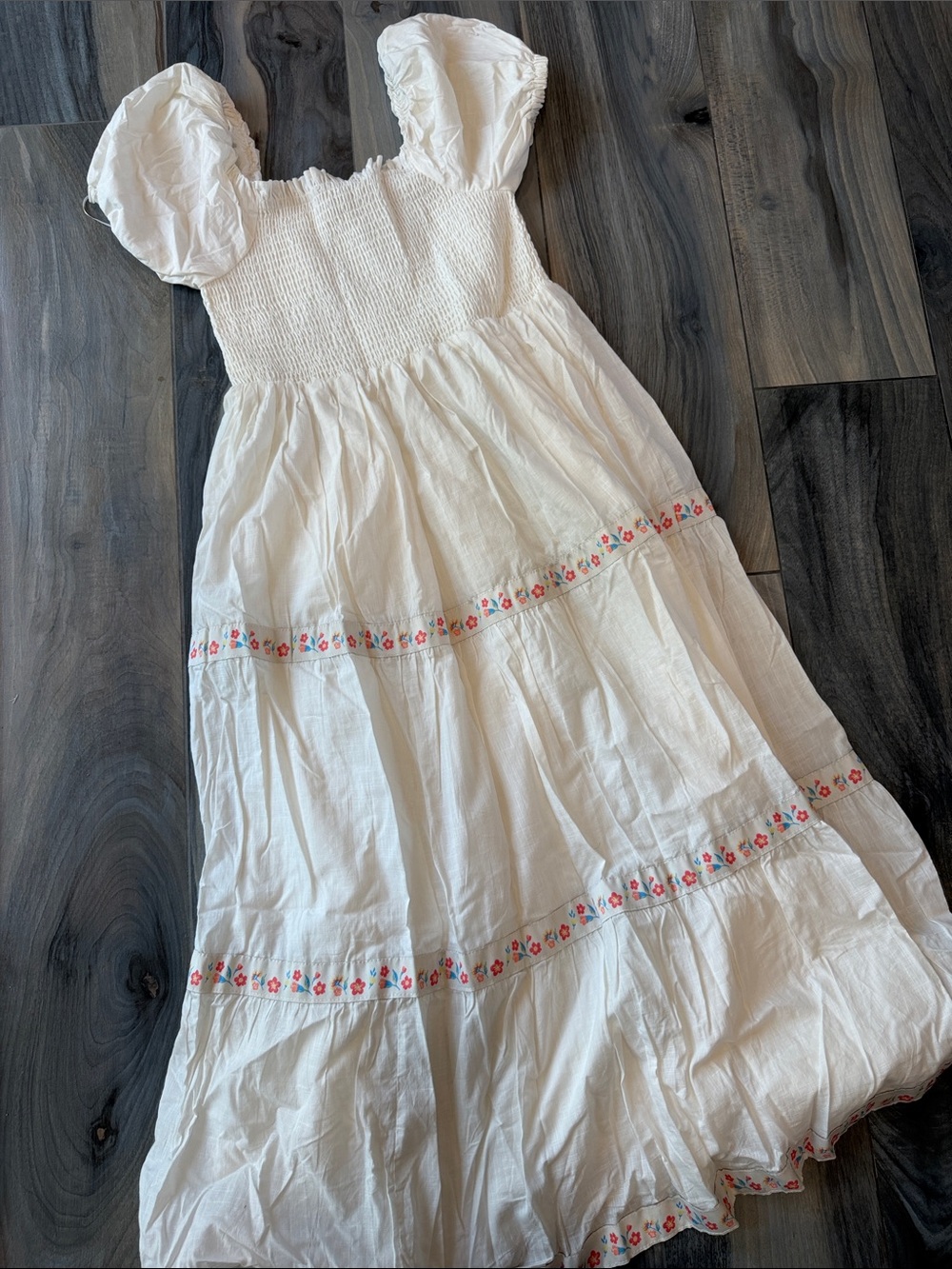 White Smocked Puff-Sleeve Maxi Dress with Floral Trim